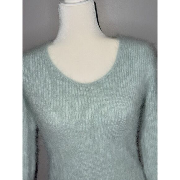 Vtg Express Angora Rabbit Hair Sweater V Neck Y2K Crop Fairy Fuzzy Soft Mint Med - Picture 5 of 13